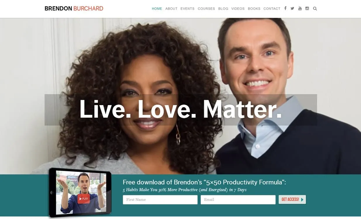 Brendon.com homepage masthead: Live. Love. Matter.