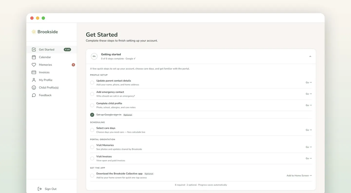 The parent portal's guided onboarding checklist: profile setup, emergency contact, care-day selection, and portal orientation, each auto-completing from real account state
