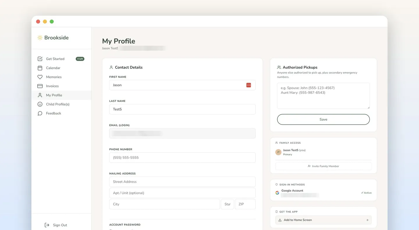 A parent profile in the portal: contact details, authorized pickups, family access with invites, and Google sign-in, plus add-to-home-screen for the installable app