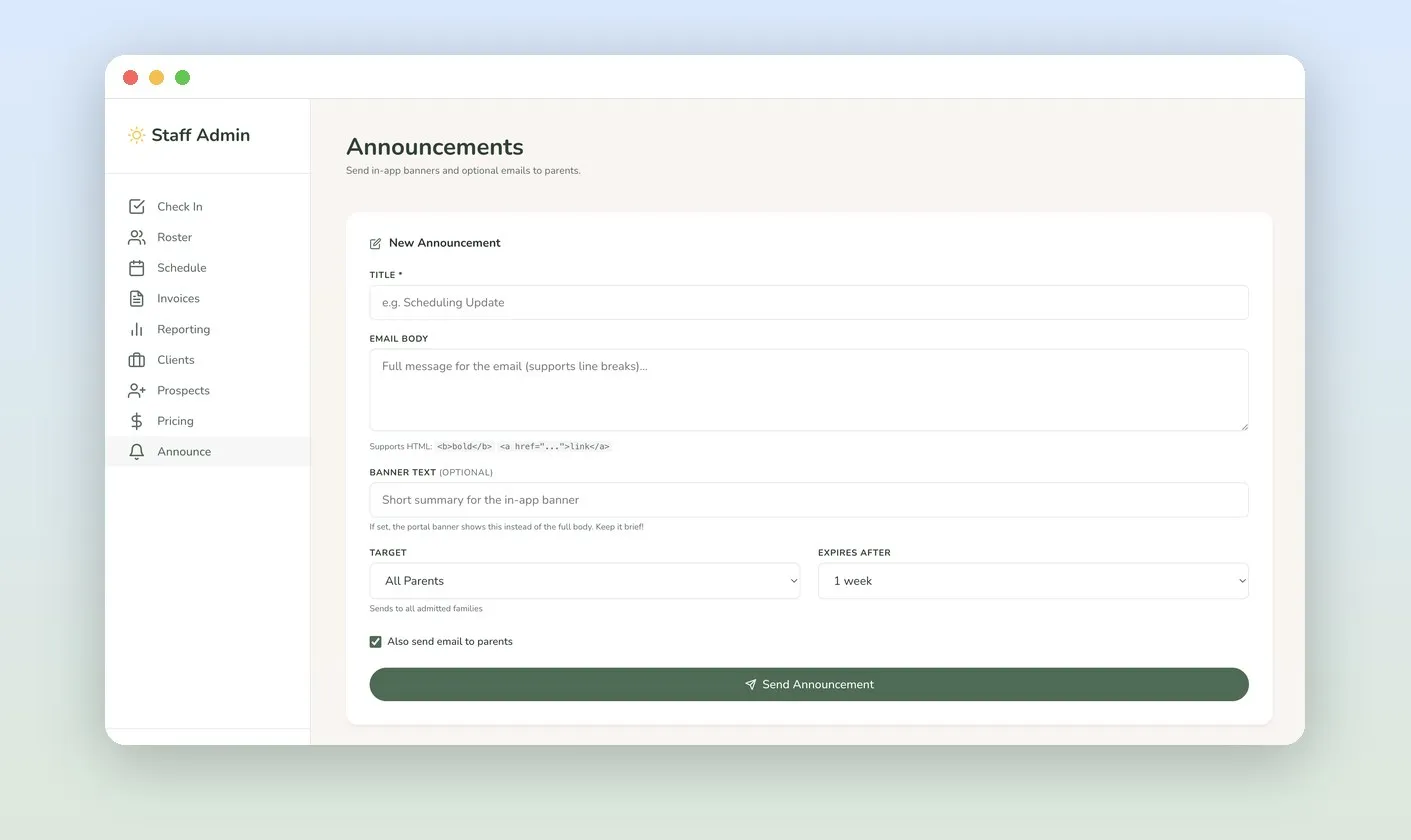 The announcements tool, a composer that sends in-app portal banners and optional emails to all parents