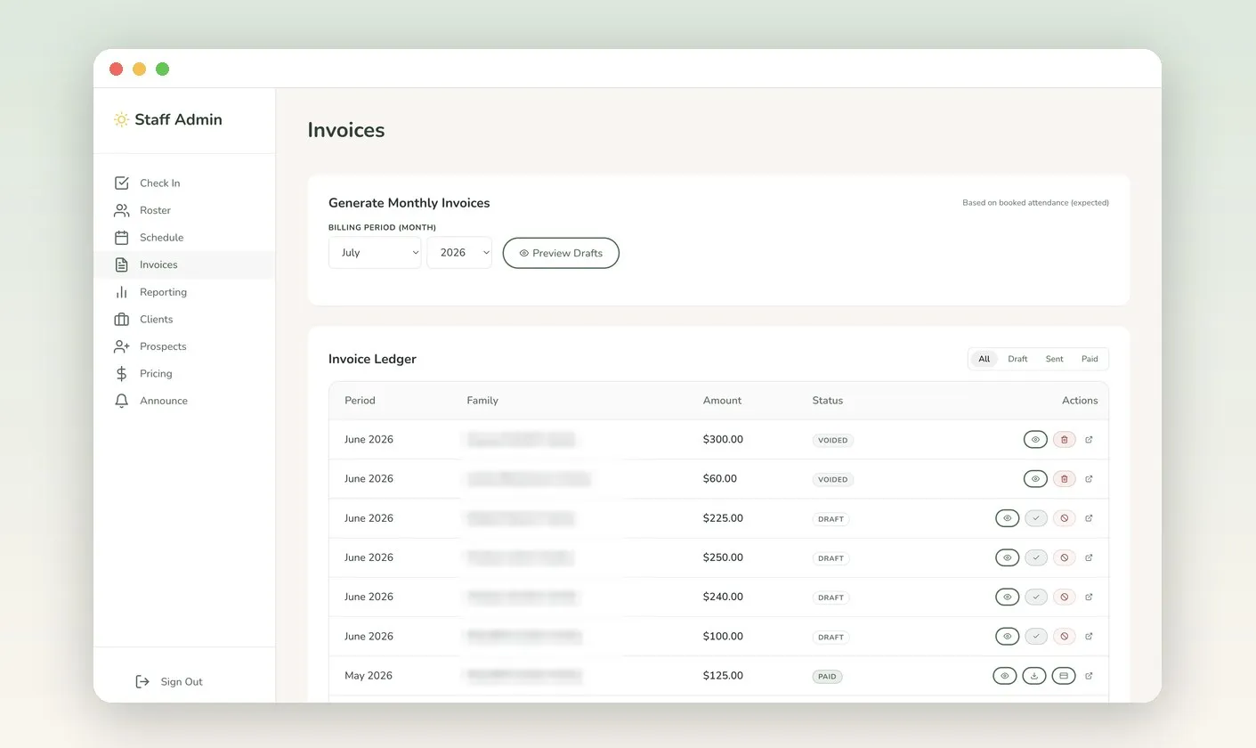 The admin invoice ledger: monthly invoices generated from booked attendance, with draft, sent, paid, and voided states