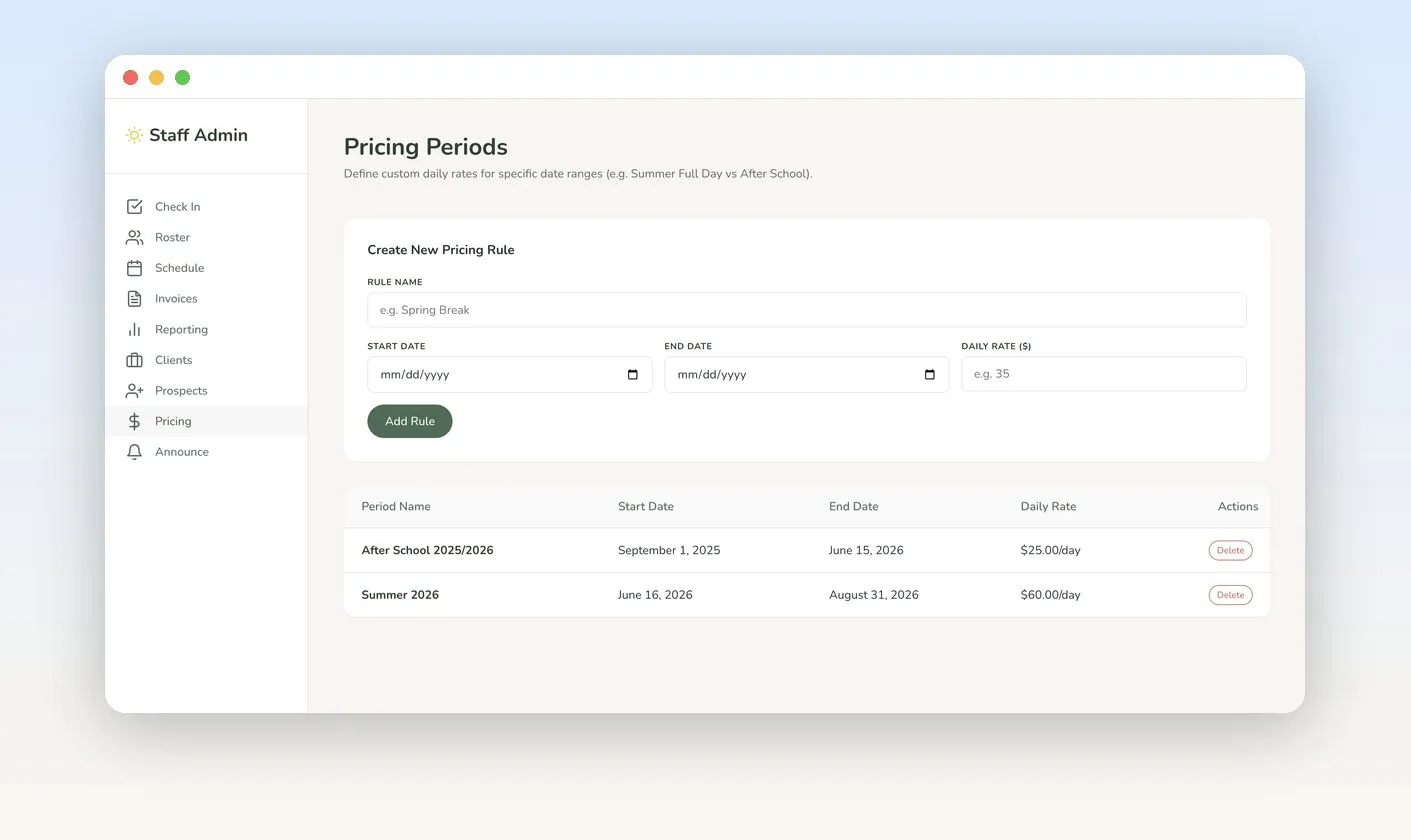 Pricing period rules in the admin: After School at $25 per day and Summer at $60 per day, each bound to a date range