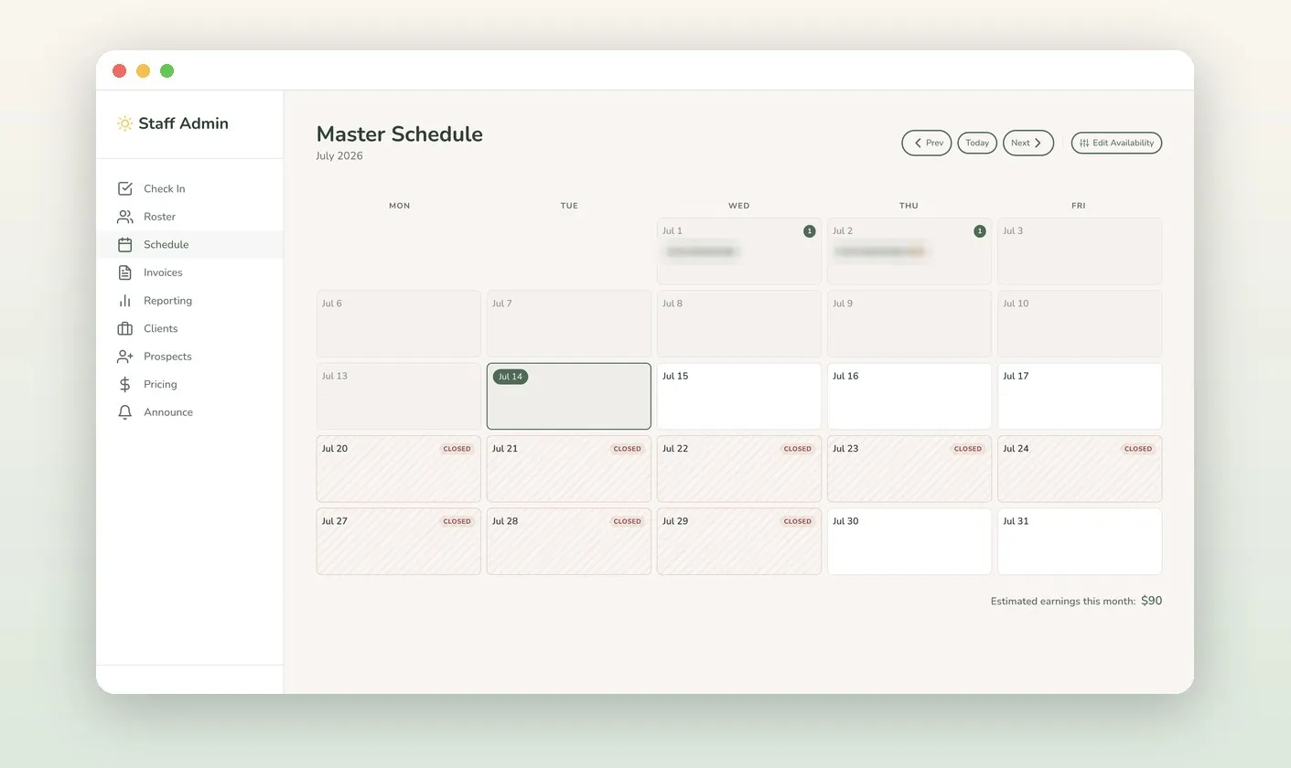 The admin master schedule: a month grid of booked care days, closures, and edit-availability controls