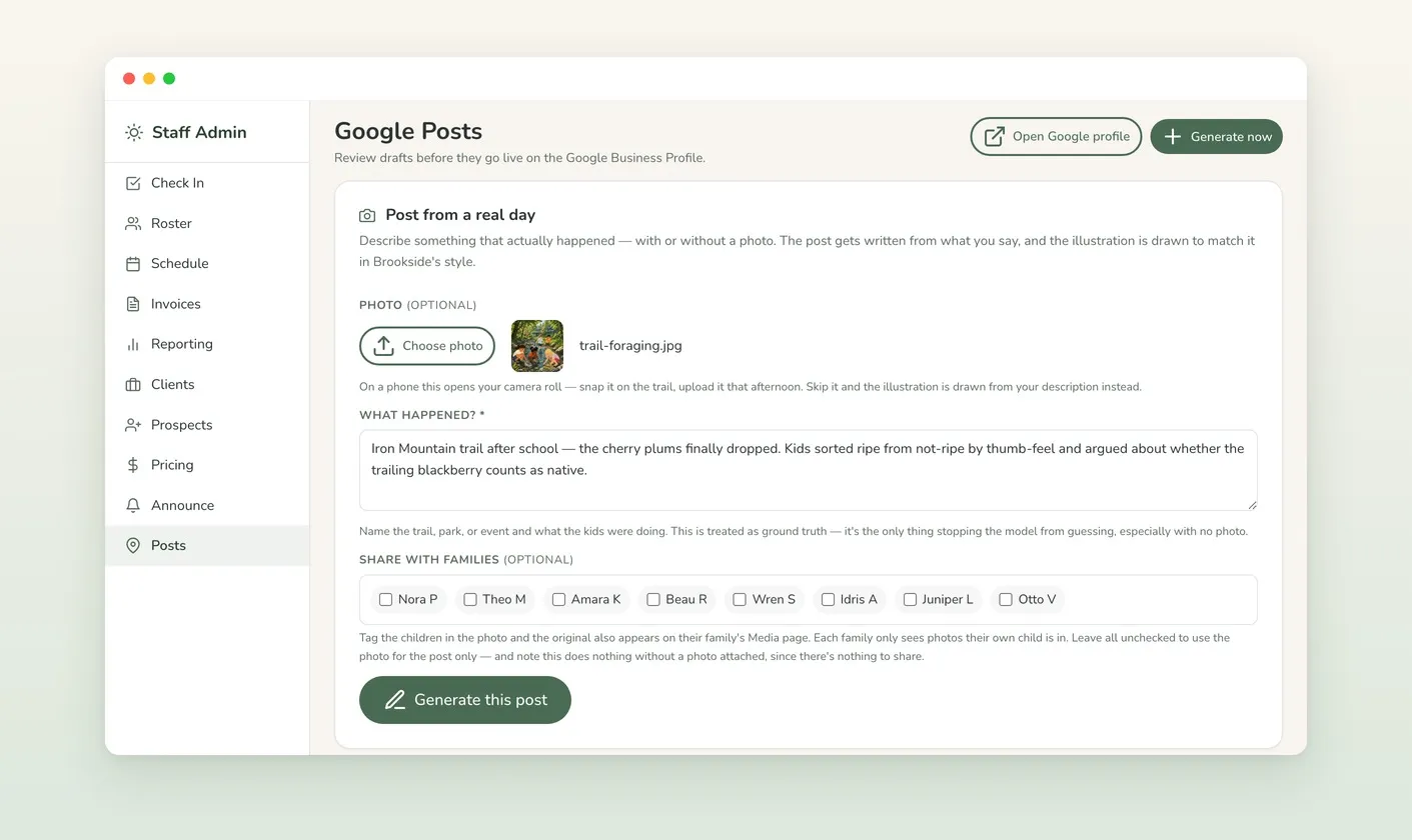 The Posts tab in the admin: a staff note describing an afternoon on the Iron Mountain trail, an optional photo, and checkboxes to share the original with the families whose children appear in it