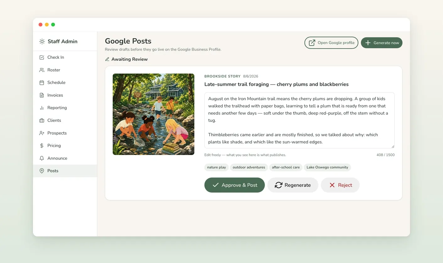 A generated draft awaiting review: illustration, editable post copy with a live character count against Google's limit, tags, and approve, regenerate, and reject actions