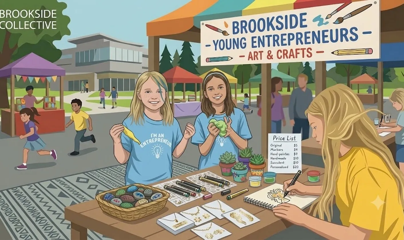 Illustrated Young Entrepreneur's Club booth at the Beaverton Kids Market, with kids selling hand-painted rocks and crafts behind their own price list and banner