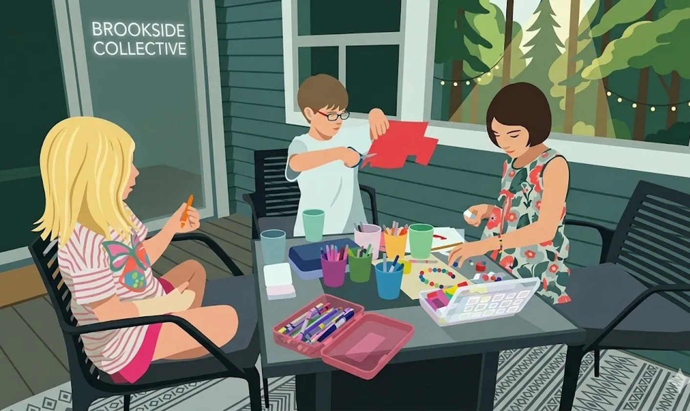 An illustrated Brookside summer scene: three kids doing crafts at a porch table, scissors and beads out, forest through the window