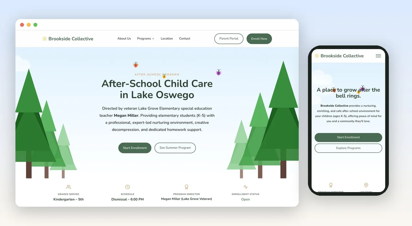 The After-School Child Care program page on desktop beside the mobile homepage, with a soft sky gradient, forest illustration, and clear local-intent headlines for Lake Oswego K–5 families