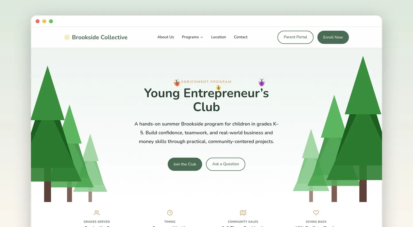 The Young Entrepreneur's Club landing page for a hands-on summer enrichment program with community sales 2–3 times per month and 10% of profit to charity
