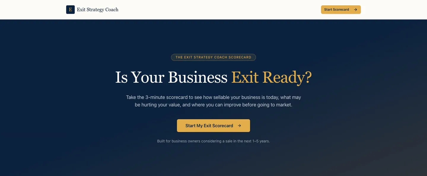 The Exit Strategy Coach scorecard landing page: "Is Your Business Exit Ready?"