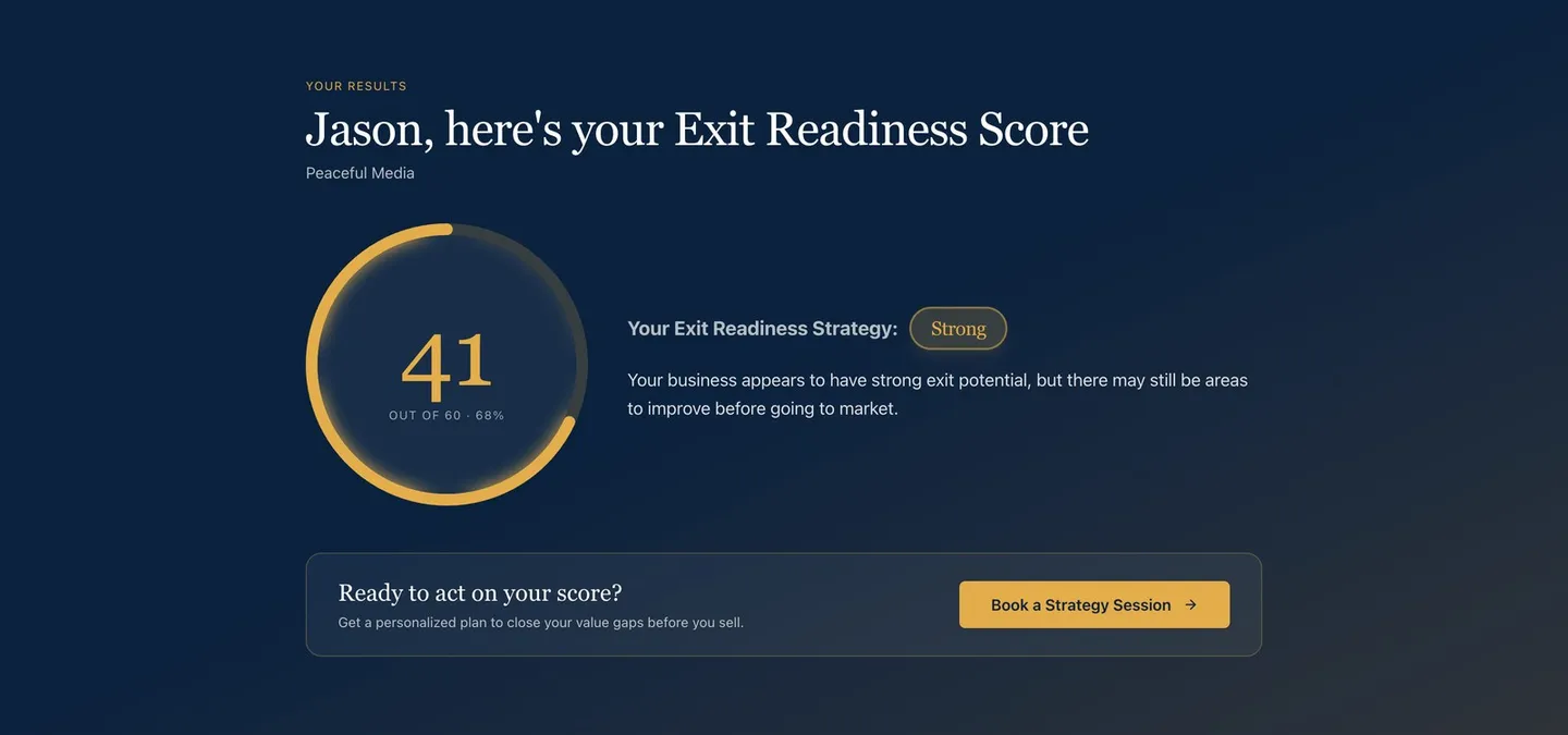 The instant result: a 41-out-of-60 exit readiness score with a named readiness tier and a booking CTA