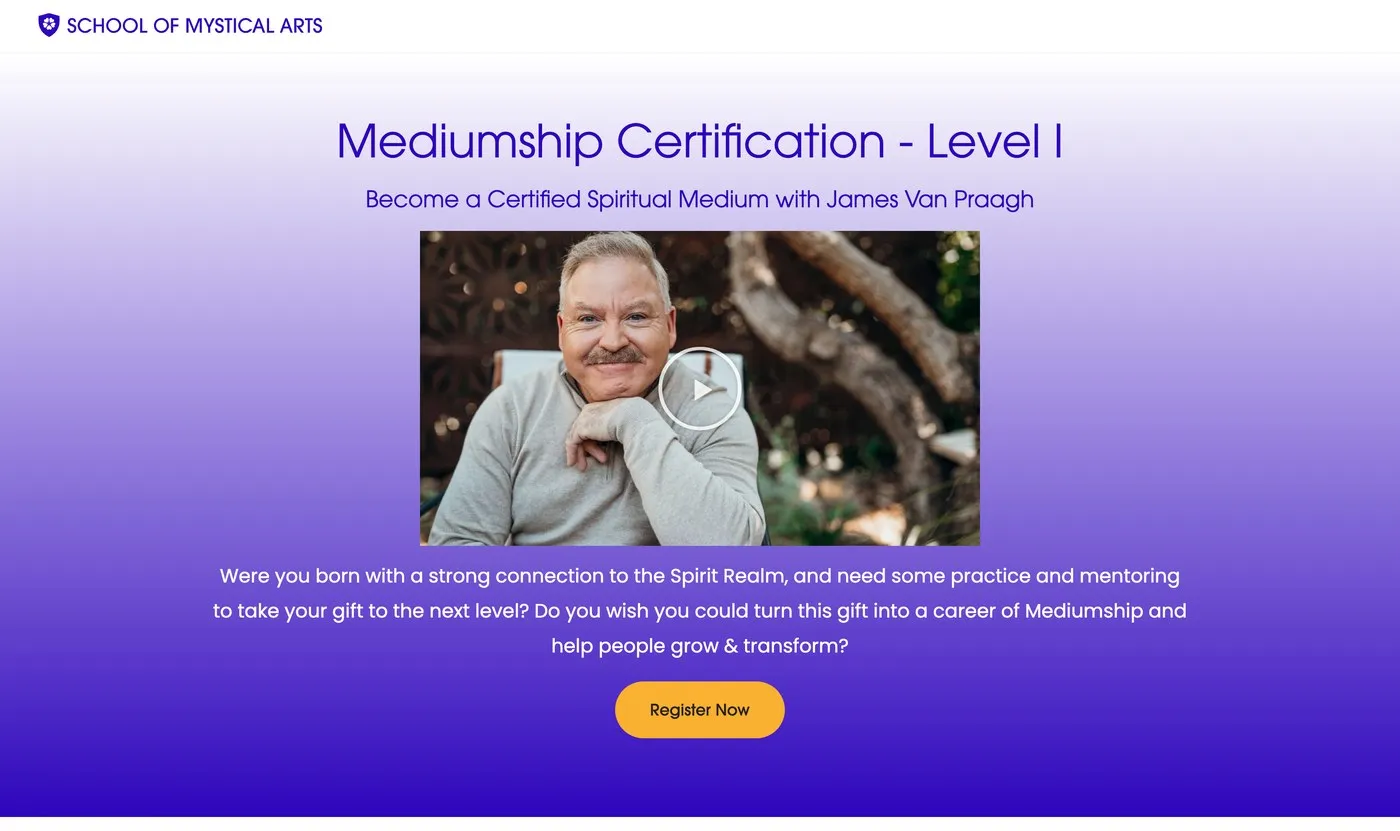 A Mediumship Certification course page, with a video sales letter above a single registration call to action