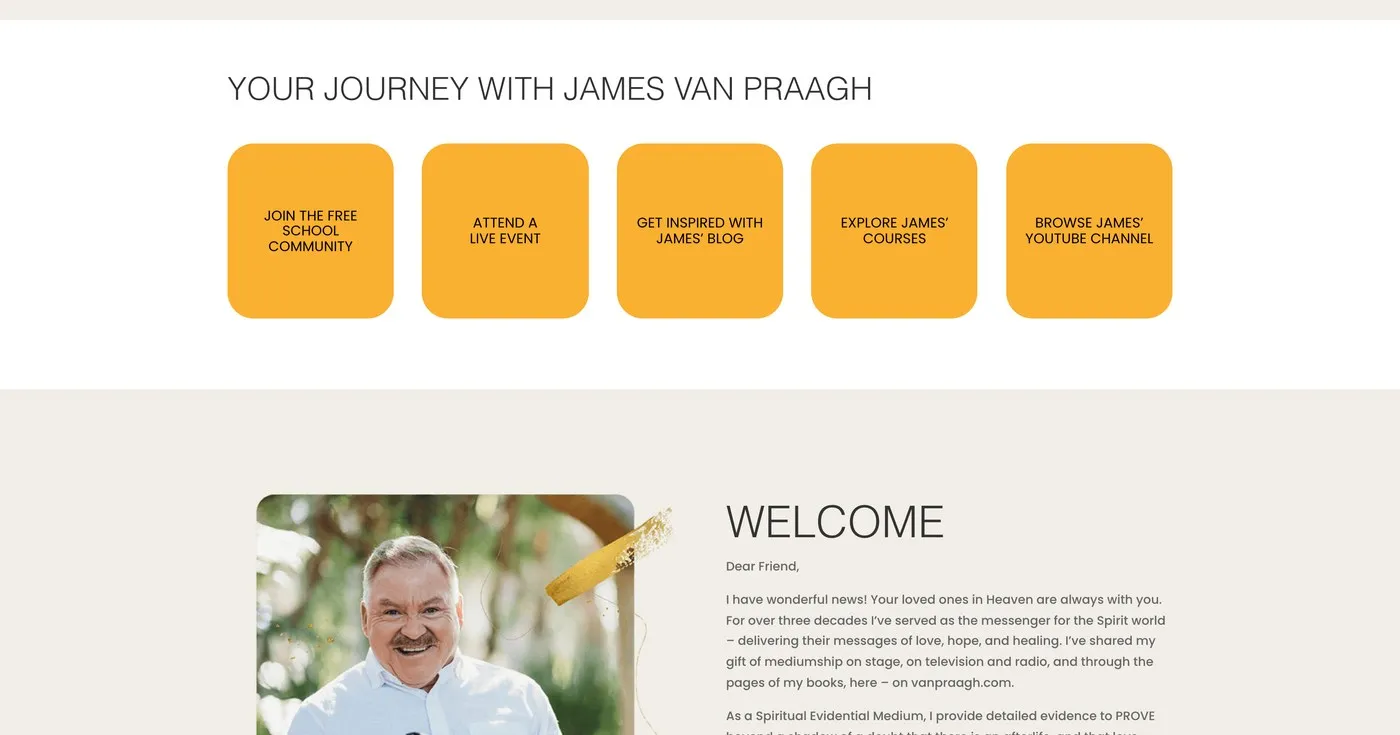 vanpraagh.com: the "Your journey with James Van Praagh" paths into the school, live events, blog, courses, and YouTube
