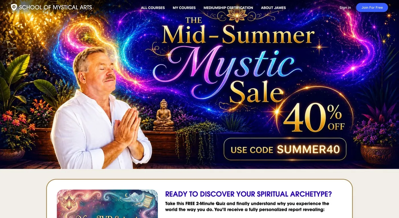 The School of Mystical Arts storefront running a seasonal promotion from the annual launch calendar
