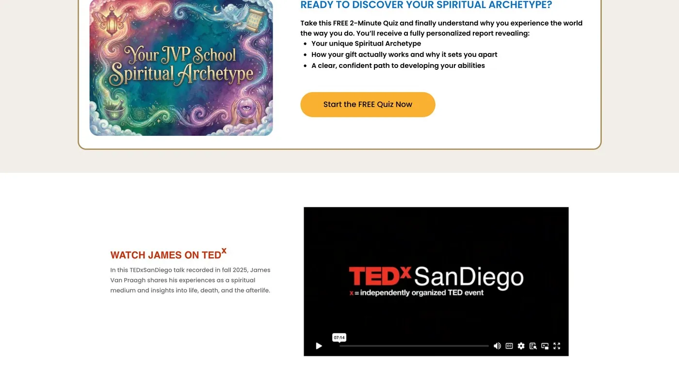 The free Spiritual Archetype quiz, an evergreen lead-generation mechanism running alongside James's TEDx talk