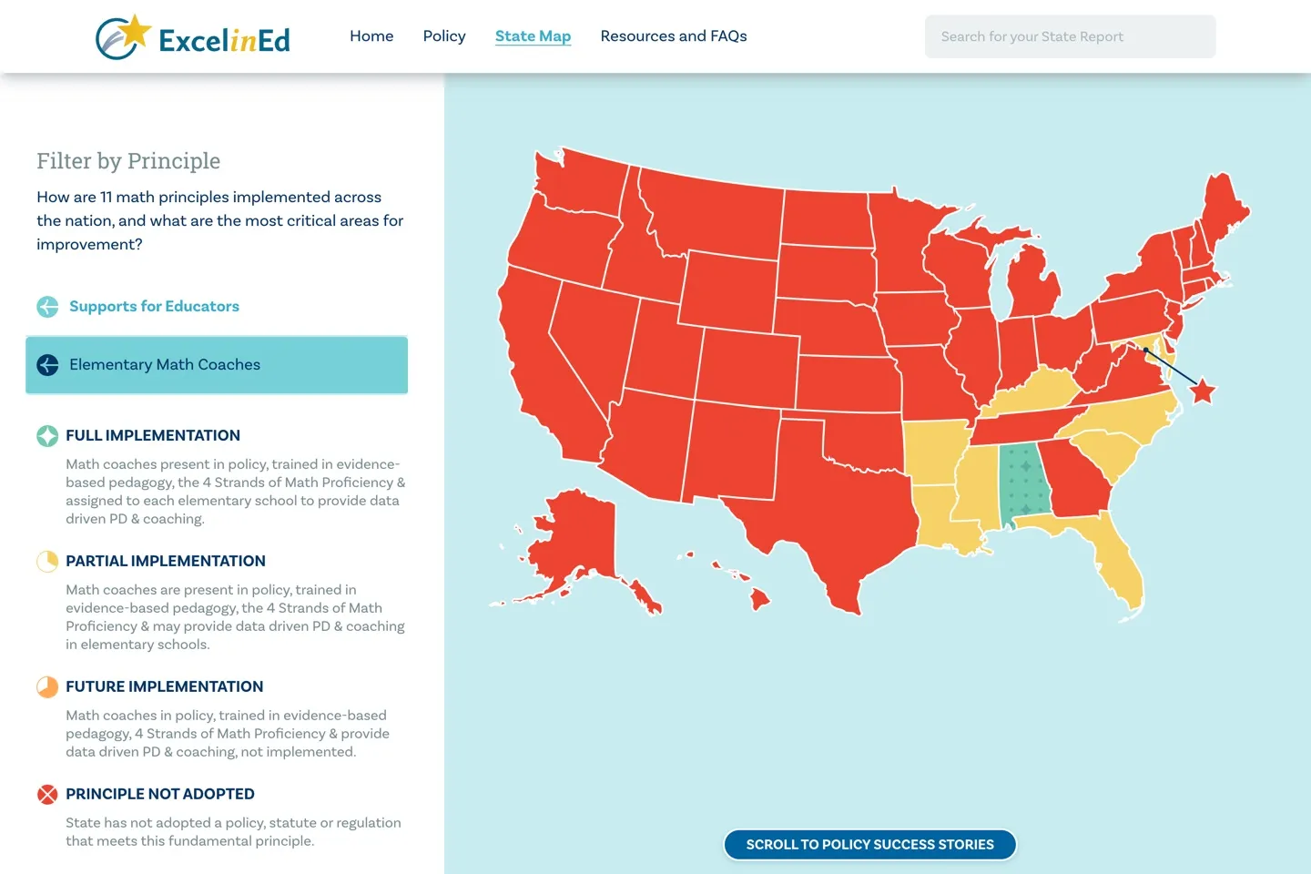 The interactive state map filtered to a single principle (Elementary Math Coaches), colour-coding all fifty states and D.C. by how fully each has implemented it