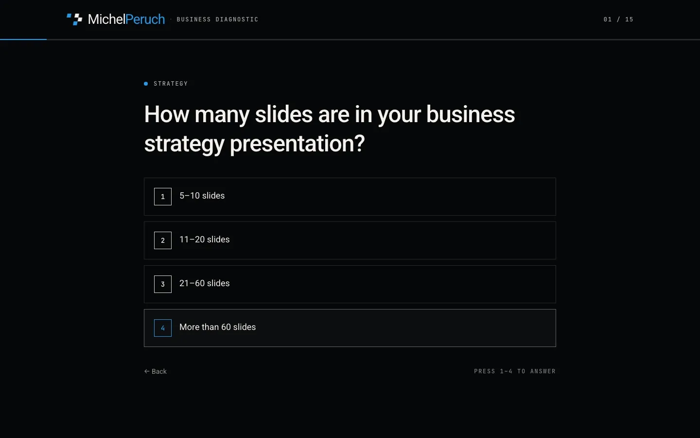 The live 15-question Business Diagnostic: a strategy question with keyboard-driven answer selection
