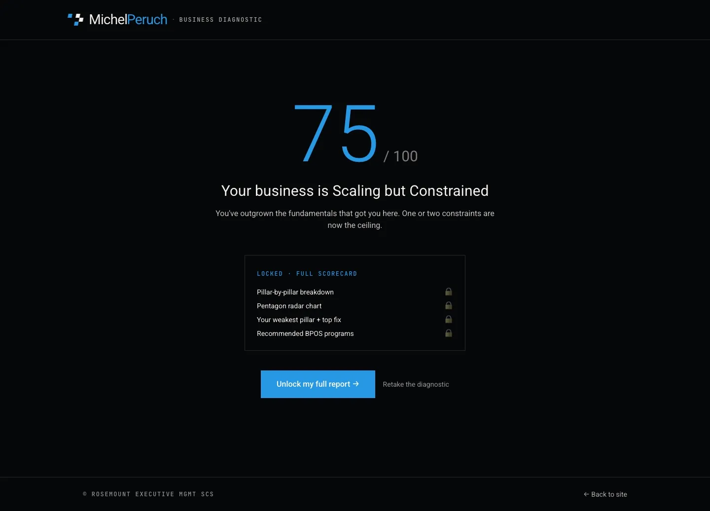 The instant diagnostic score screen: 75/100, "Scaling but Constrained," with the full scorecard locked behind Unlock my full report