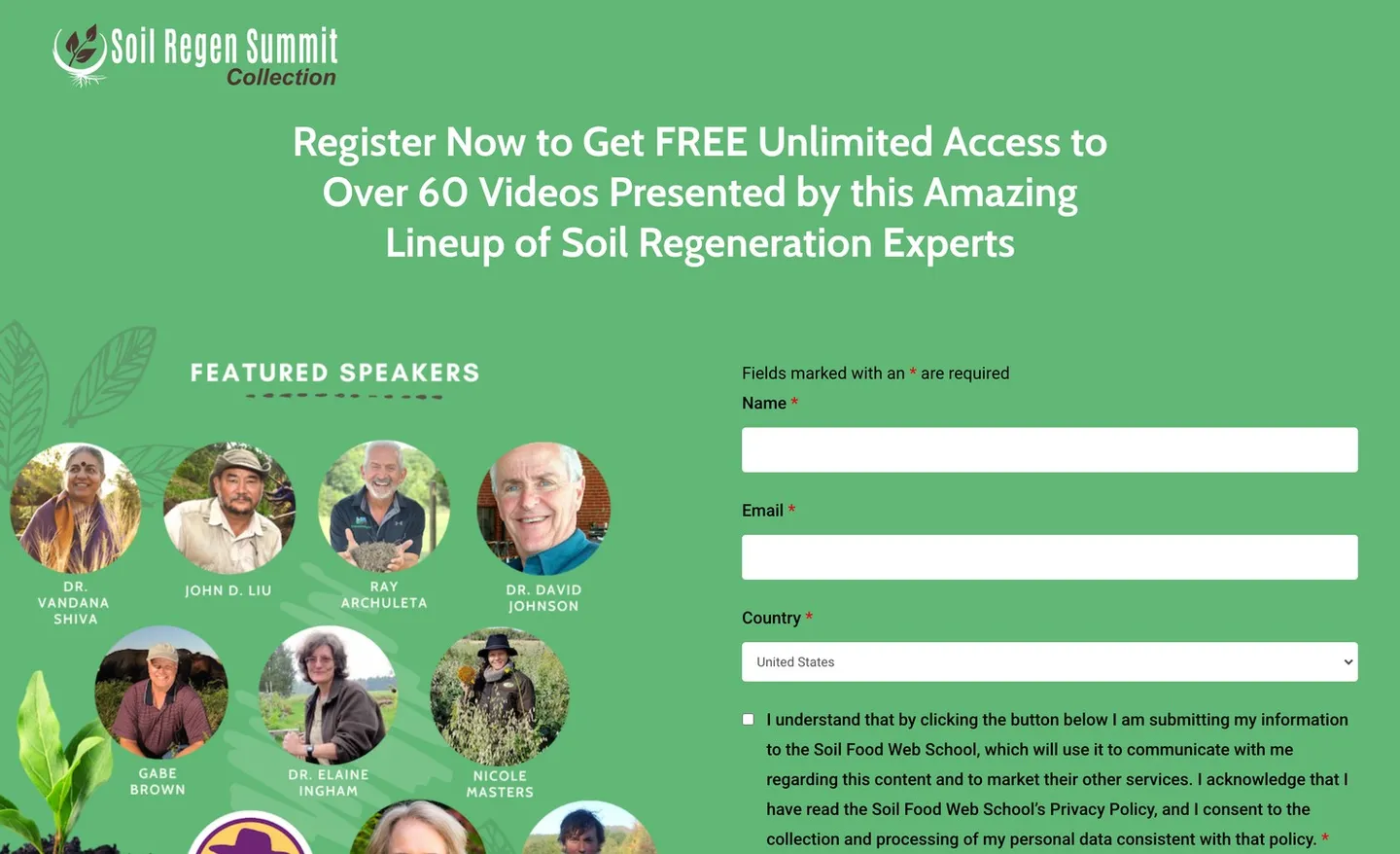 The Soil Regen Summit registration page: free access to 60+ sessions, the evergreen asset the live event left behind