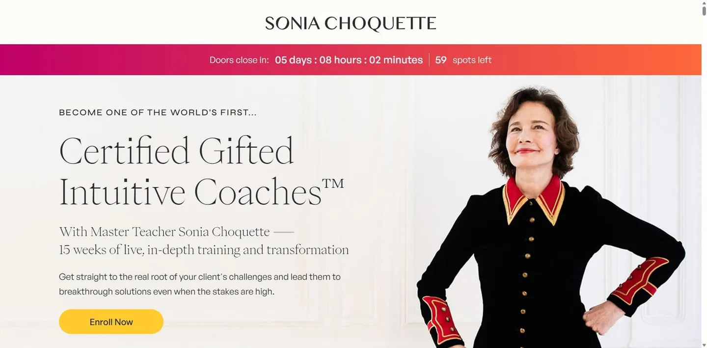 Product launch: The Gifted Intuitive Coach certification launch page with enrollment countdown