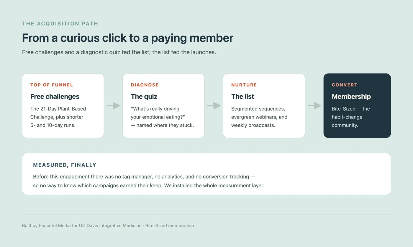 Diagram of the acquisition path: free challenges and a diagnostic quiz feeding the email list, and the list feeding membership launches
