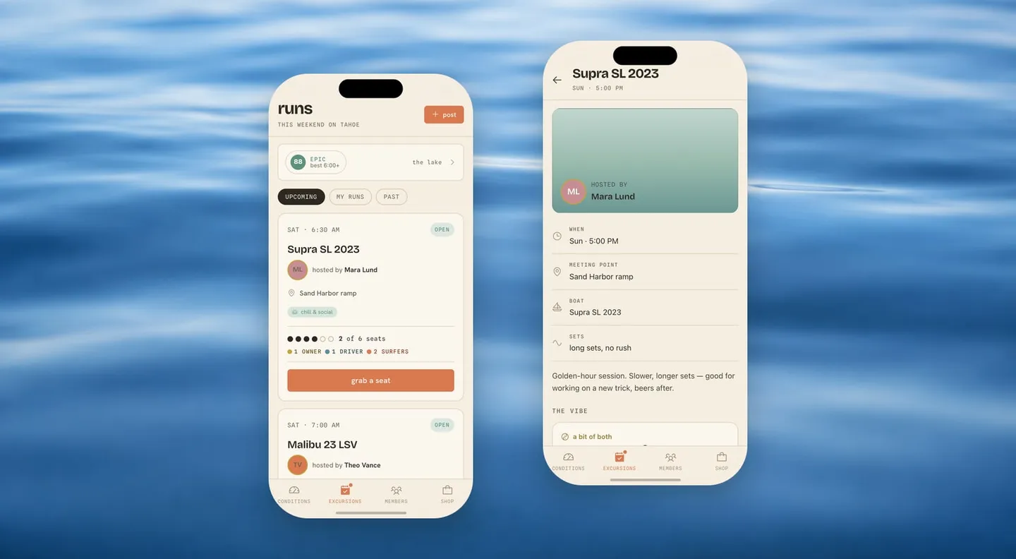 Boat runs in the wksrf app: the runs feed with seats and crew makeup, and a run detail with RSVP