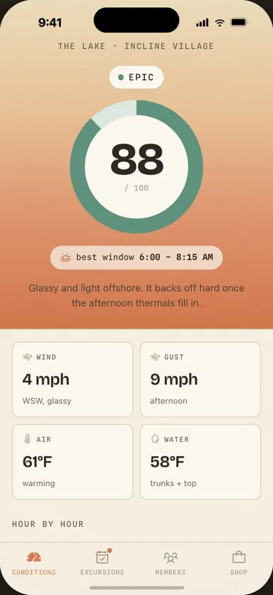 iOS-framed UI kit mock of the wksrf conditions screen: surf score, best window, wind and water metrics