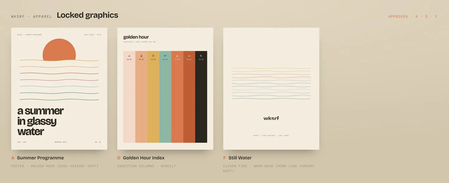 The three approved apparel graphics (Summer Programme poster, Golden Hour Index, and Still Water), marked approved