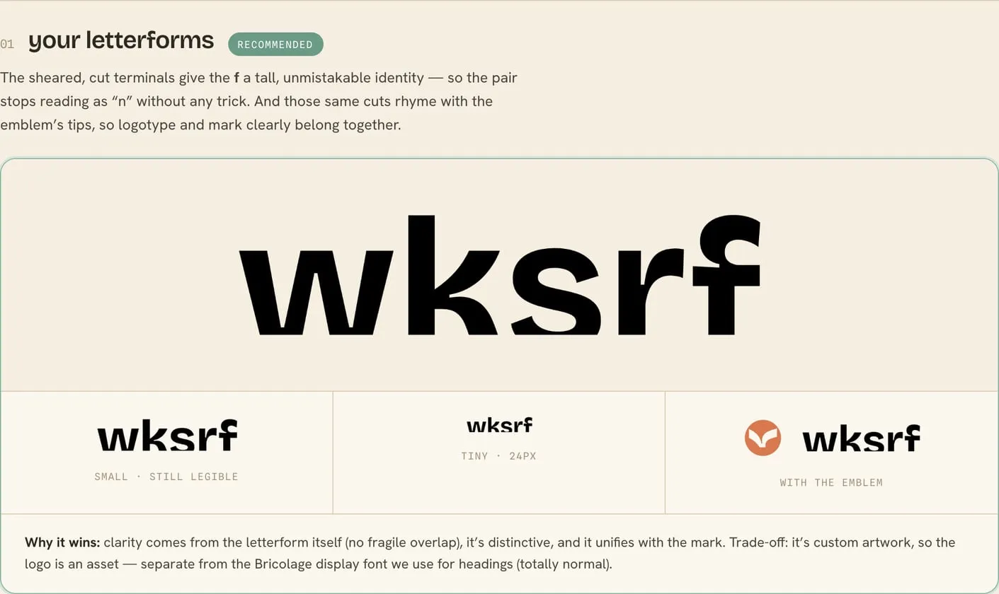 Design-system page locking the custom wksrf logotype, with small, tiny, and with-emblem specimens
