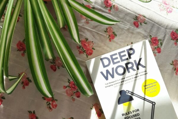 a book sitting on top of a bed next to a plant